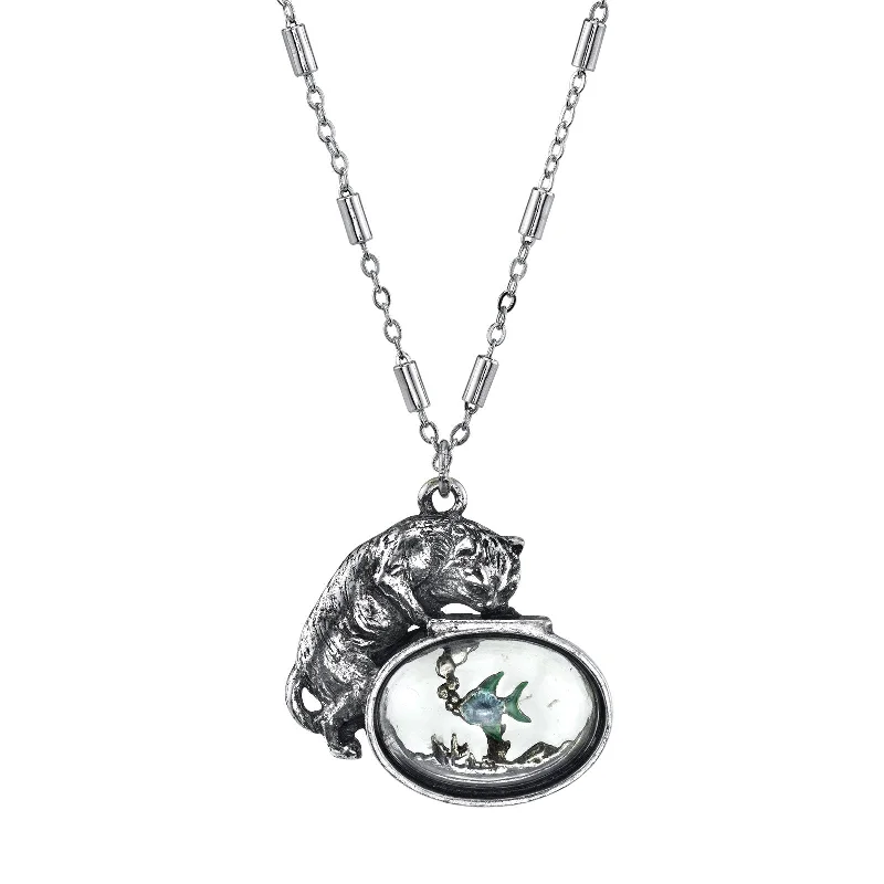 1928 Jewelry® Pewter Cat W/Blue Enamel Fish In Glass Fishbowl Necklace 30In