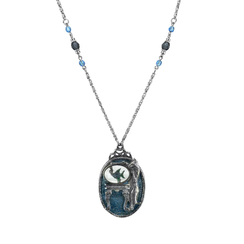 1928 Jewelry® Pewter Cat With Blue Enamel Fishbowl Beaded Necklace 30In