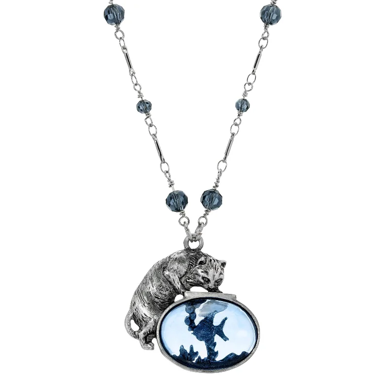 1928 Jewelry® Pewter Silver Montana Blue Beaded Cat And Fish 30 Inches Necklace