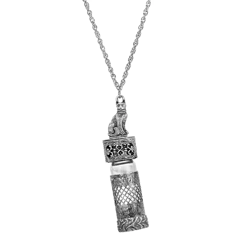 1928 Jewelry® Pewter Silver Tone Cat Vial Cap 30" Necklace