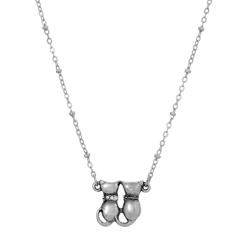 1928 Jewelry® Silver Tone Double Cat Crystal Necklace 16" Adj.