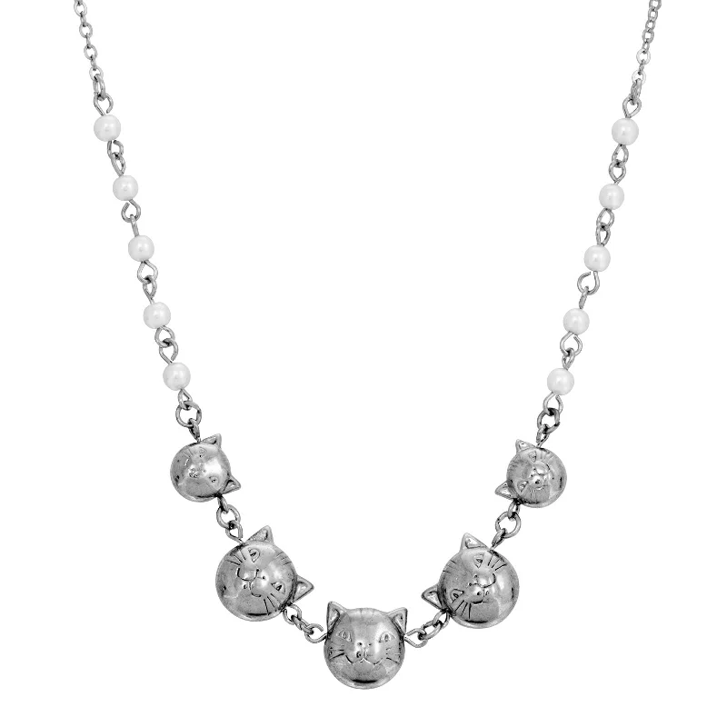 1928 Jewelry® Silver Tone Multi Cat Faux Pearl Chain Necklace 16" Adj.