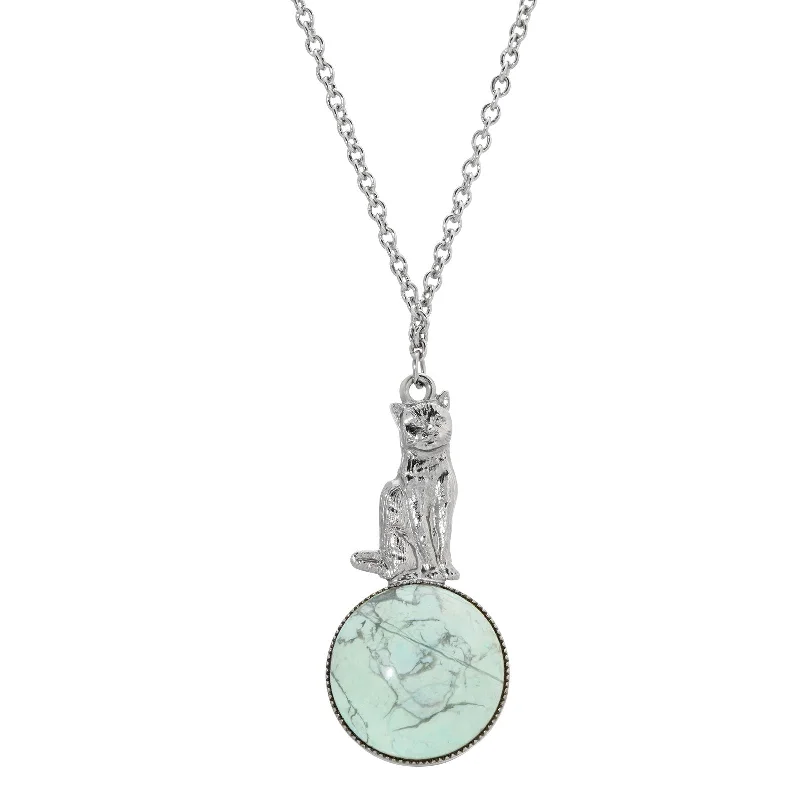 1928 Jewelry® Silver Tone Semi Precious Turquoise Stone Cat 28 Inches Pendant Necklace