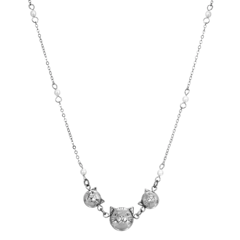 1928 Jewelry® Silver Tone Triple Cat Faux Pearl Chain Necklace 16" Adj.