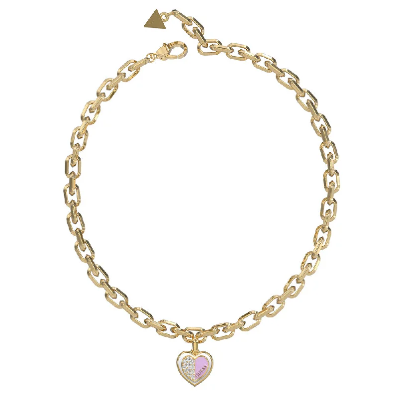 Guess Gold Plated Stainles Steel 18" Lilac Double Heart Charm Chain