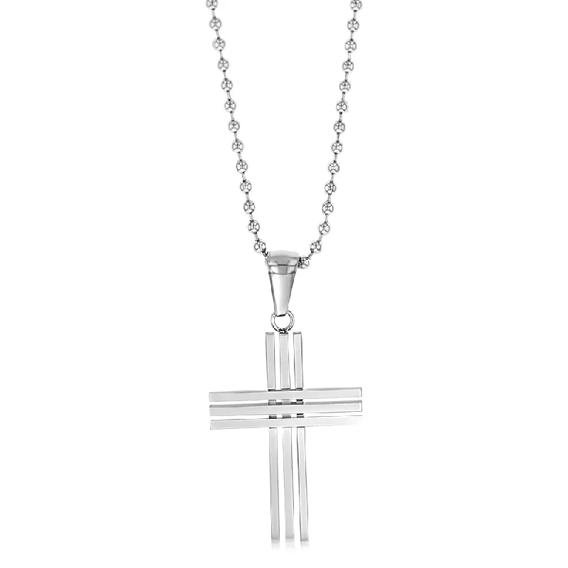 Stainless Steel Stripped Cross On 60.9cm Ball Chain