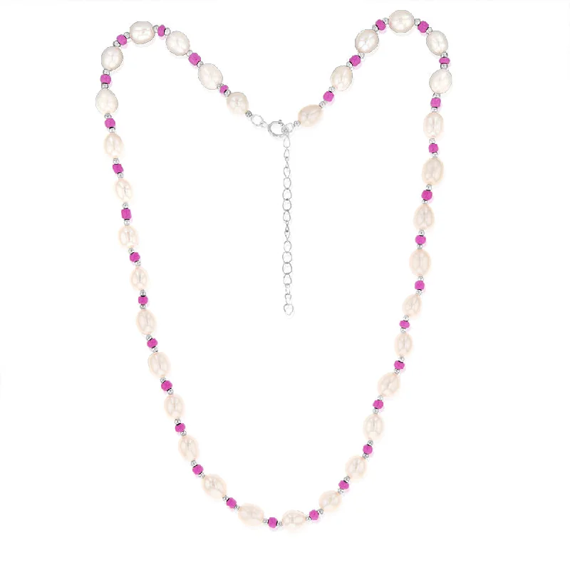 White Freshwater Pearl Chain with Pink & Silver Beads in Sterling Silver