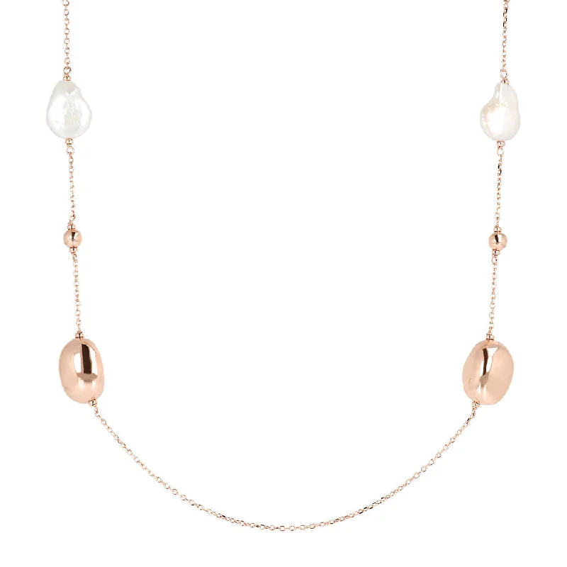 Bronzallure Maxima Rose Gold Plated Baroque White Pearl 91cm Chain