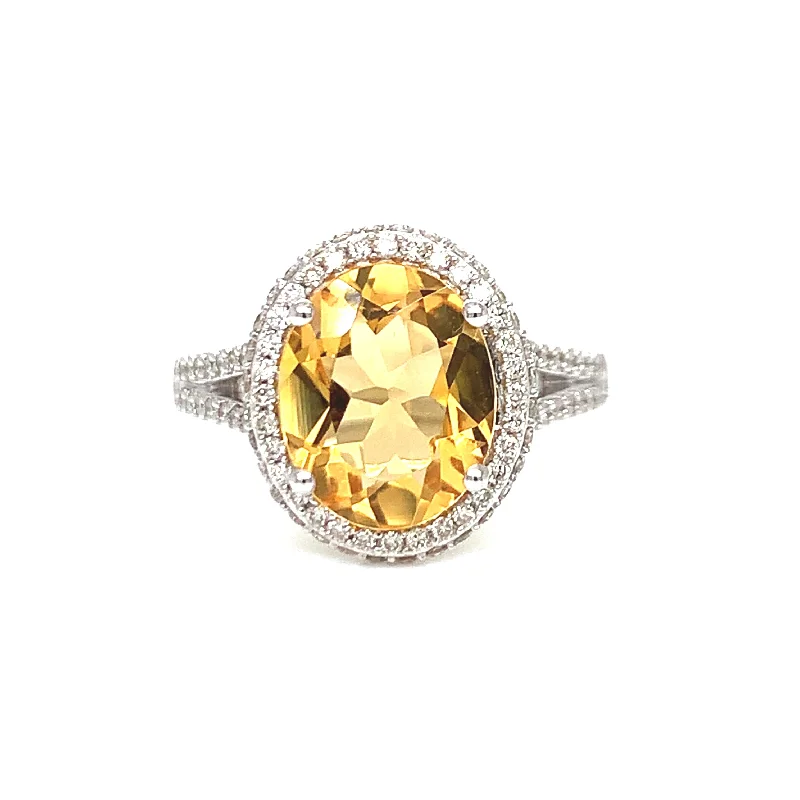 10K White Gold Citrine with Diamonds Ring