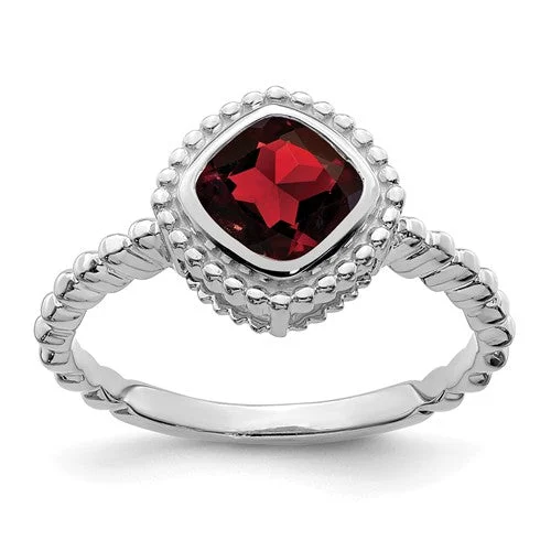 10k White Gold Cushion Garnet Bezel Set Beaded Design Ring