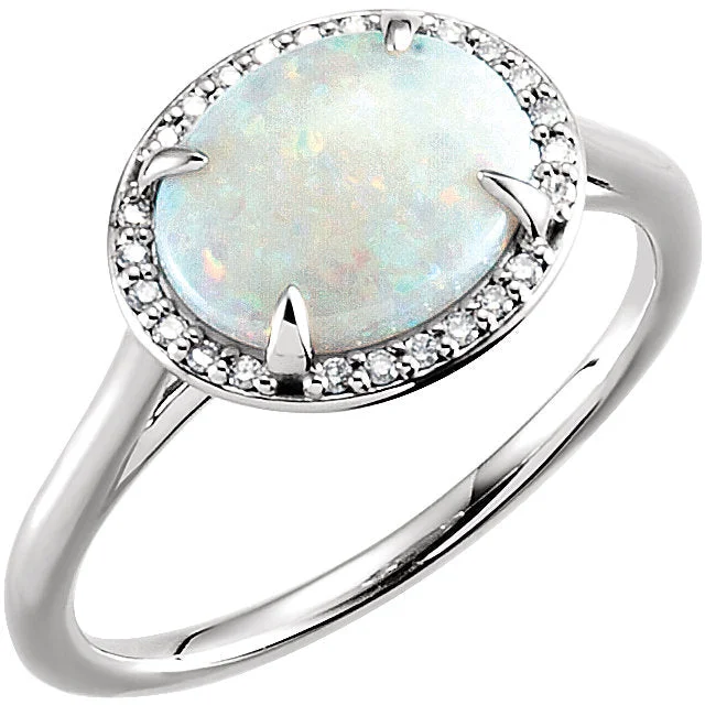 14K Gold Horizontal Oval Australian Opal & .06 CTW Diamond Halo Ring - White, Rose or Yellow