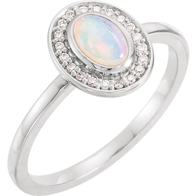 14k Gold Oval Genuine Opal Diamond Halo Ring - White, Yellow or Rose or Platinum