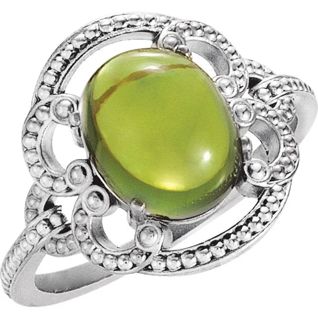 14K Gold Oval Peridot 10mm Cabochon Granulated Design Ring