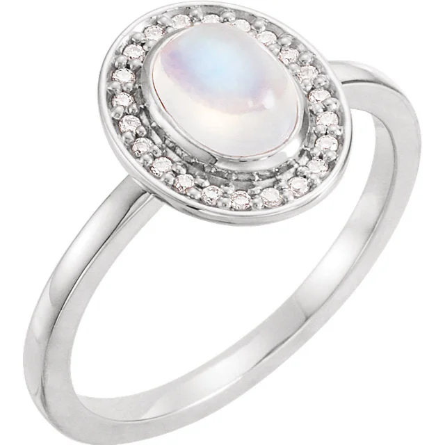 14k Gold Oval Rainbow Moonstone Diamond Halo Ring - White, Yellow or Rose or Platinum