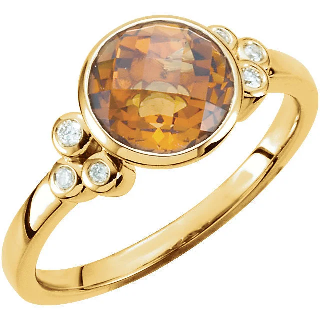 14k Yellow Gold Round Bezel Set Citrine & Diamond Accented Ring