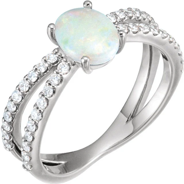 14k Gold Australian Opal X Band Diamond Ring - White, Rose or Yellow