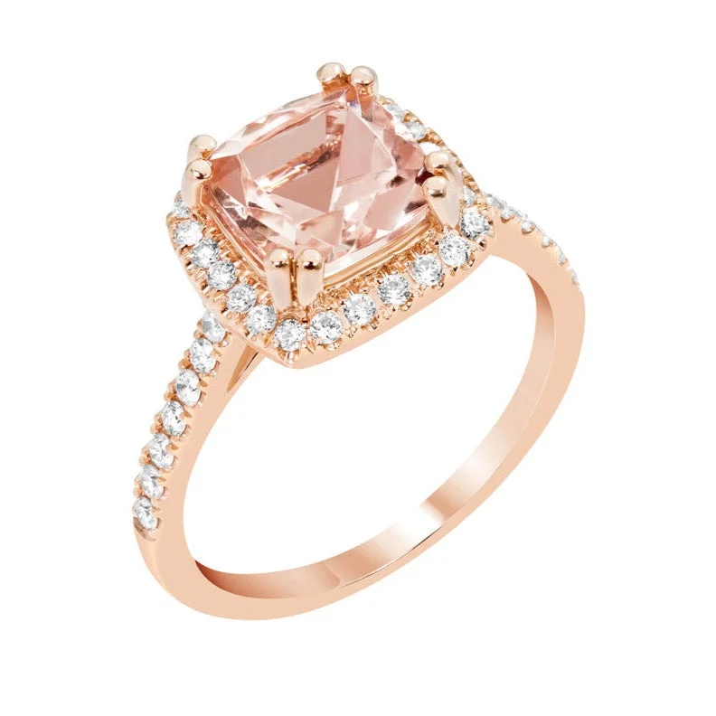 14k Rose Gold 8mm Princess Cushion Morganite & Diamond Halo Ring