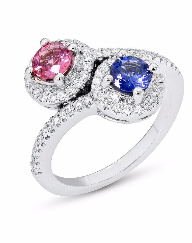 14k White Gold 2-Stone Pink and Blue Sapphire Diamond Halo Ring