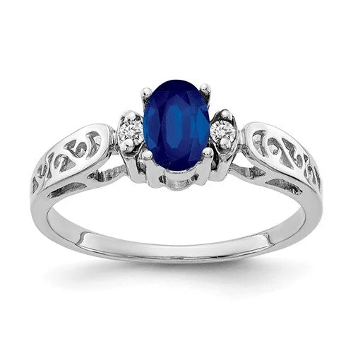 14k White Gold 6x4mm Oval Blue Sapphire and Diamond Filigree Side Ring