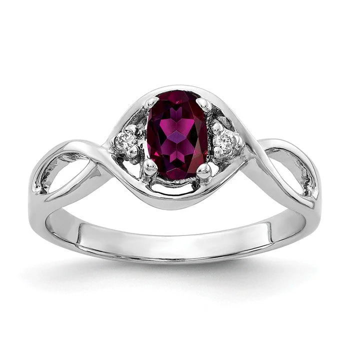 14k White Gold 6x4mm Oval Rhodolite Garnet and Diamond Infinity Style Ring