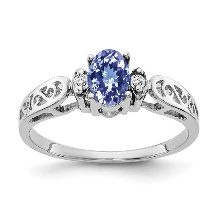 14k White Gold 6x4mm Oval Tanzanite and Diamond Filigree Side Ring