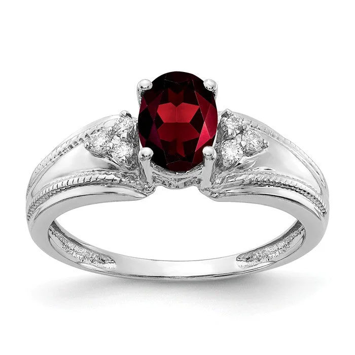 14k White Gold 7x5mm Oval Garnet and Diamond Ring