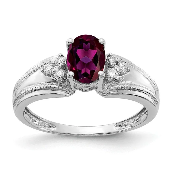 14k White Gold 7x5mm Oval Rhodolite Garnet and Diamond Ring