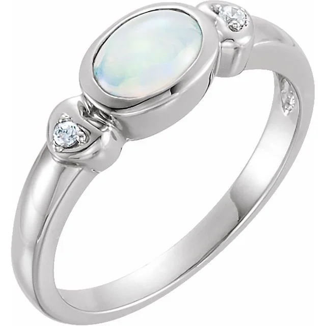 14k White Gold Bezel Oval Genuine Australian Opal & Diamond Hearts Ring