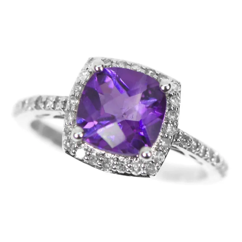 14k White Gold Cushion Amethyst and Diamond Halo Ring