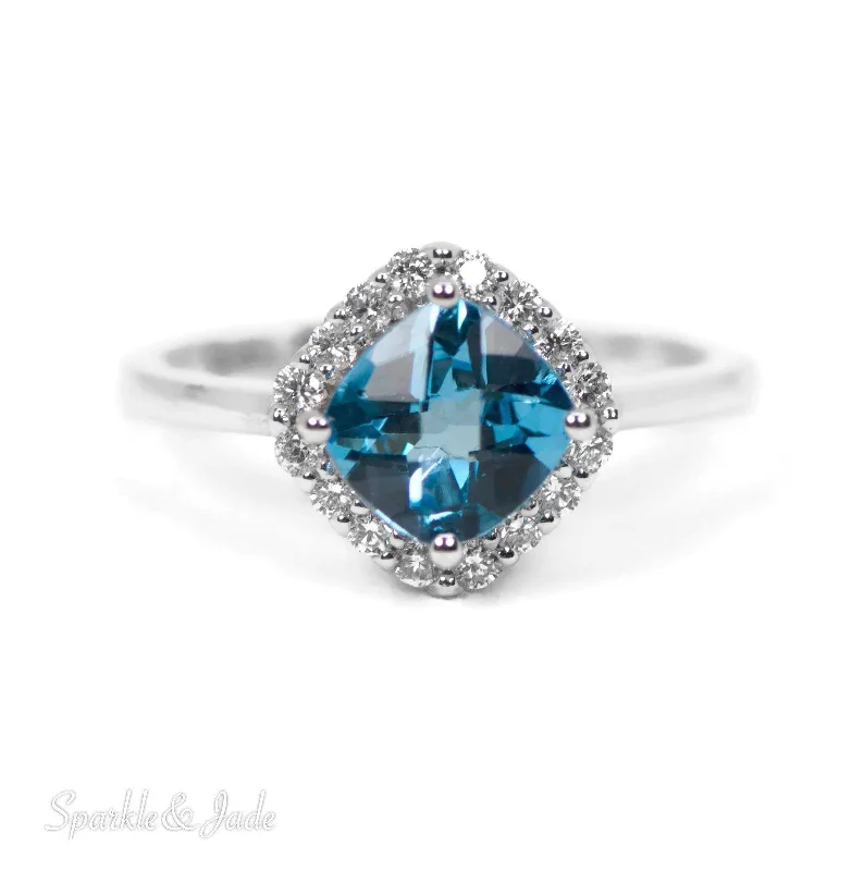 14k White Gold 7mm Cushion Swiss Blue Topaz and Diamond Halo Ring