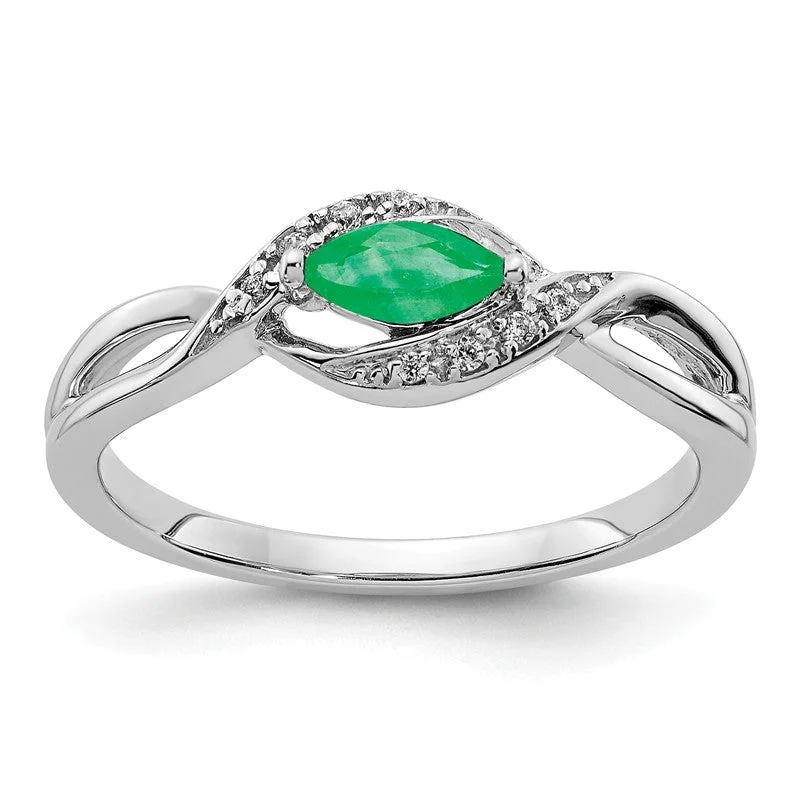 14k White Gold Diamond & Genuine Marquise Emerald Ring