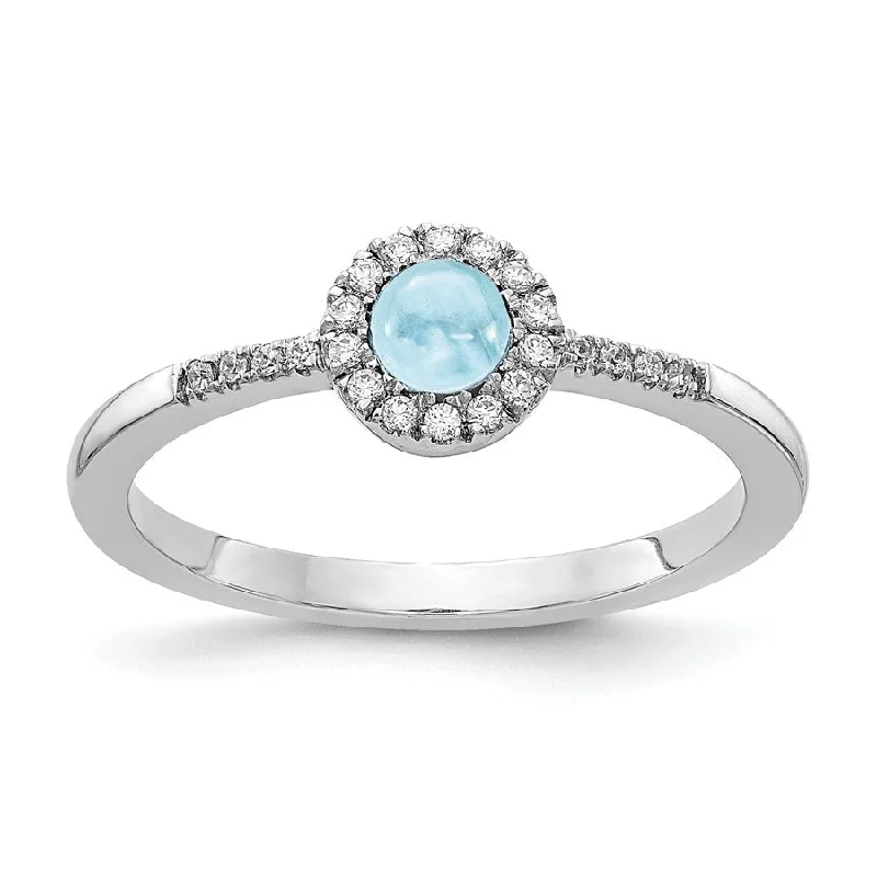 14k White Gold Diamond Halo And Round Aquamarine Cabochon Ring