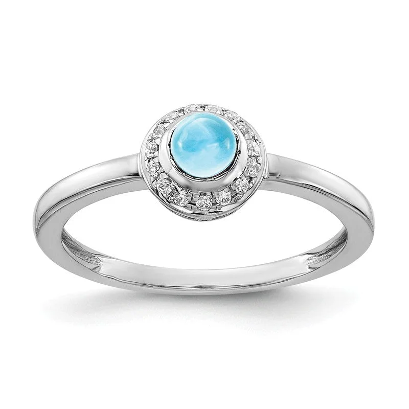 14k White Gold Diamond Halo And Round Swiss Blue Topaz Cabochon Ring