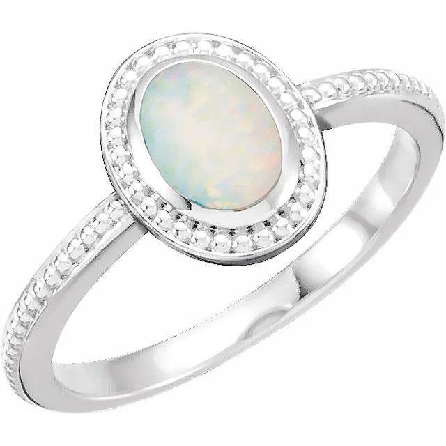 14k White Gold Oval Genuine Australian Opal Cabochon Beaded Ring