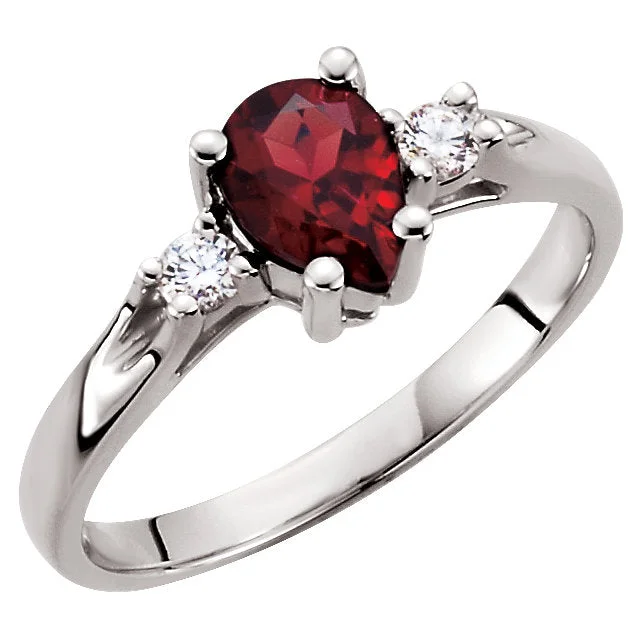 14k White Gold Genuine Pear Mozambique Garnet & Diamond Ring