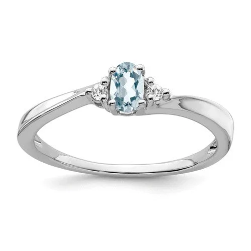 14k White Gold Oval 5x3mm Genuine Aquamarine And Diamond Ring