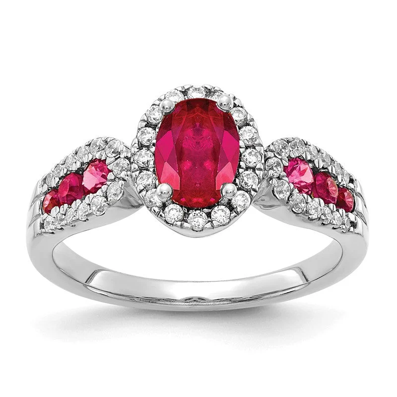 14K White Gold Oval Genuine Ruby And Channel Set Diamond Halo Ring