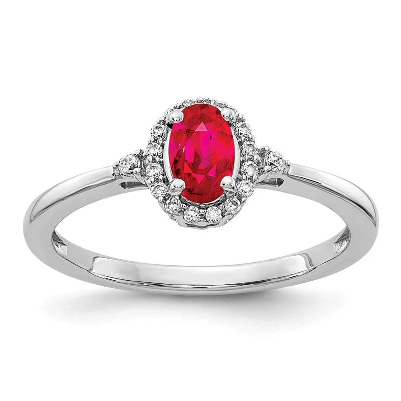 14k White Gold Genuine Oval Ruby and Diamond Halo Ring