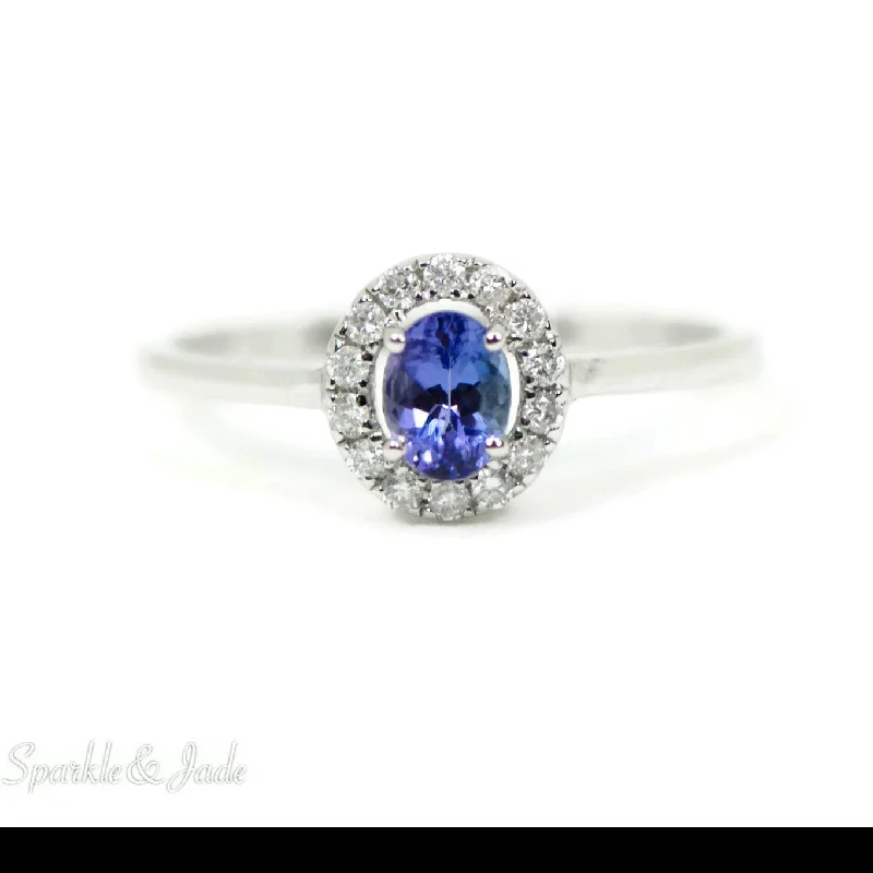 14k White Gold Oval Genuine Tanzanite and Diamond Halo Ring