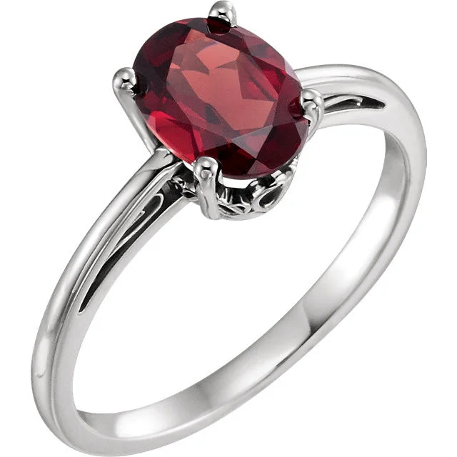 14K White Gold Oval Mozambique Garnet Scroll Set Ring