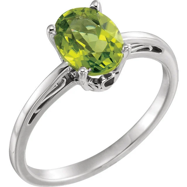 14K White Gold Oval Peridot Scroll Set Ring