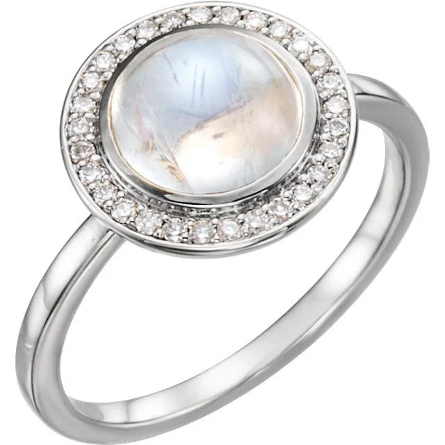 14k Gold Round Rainbow Moonstone Diamond Halo Ring - White, Yellow or Rose or Platinum