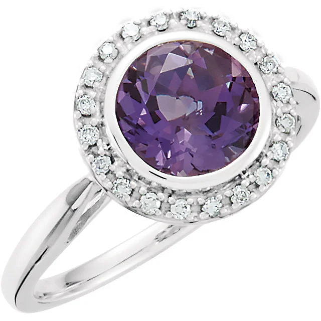 14K White Gold Round Amethyst & 1/8 CTW Diamond Halo Ring