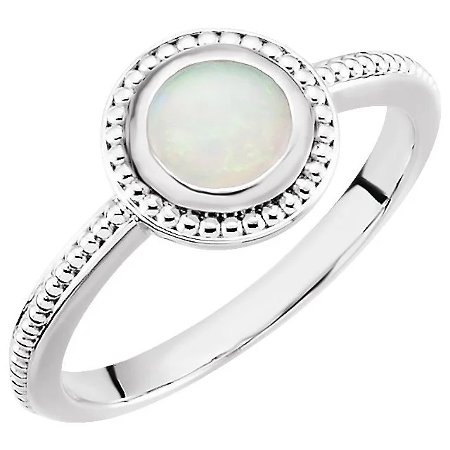 14k White Gold Round Genuine Australian Opal Beaded Design Ring