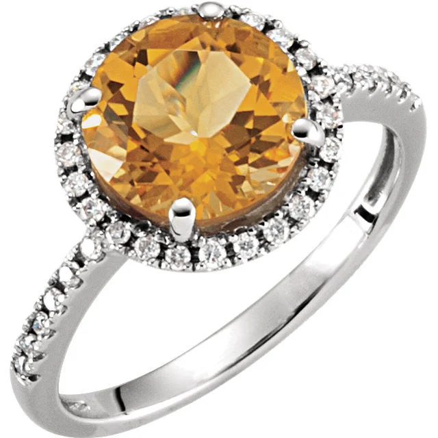 14K White Gold 9mm Round Genuine Citrine & 1/6 CTW Diamond Halo Ring