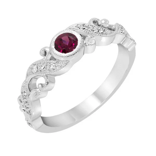 14k White Gold Ruby Bezel and Diamond Filigree Ring