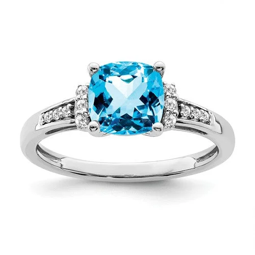 14k White Gold Swiss Blue Topaz Cushion and Diamond Ring