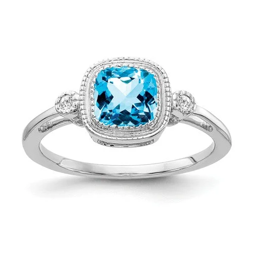 14k White or Yellow Gold Bezel Set Swiss Blue Topaz Cushion and Diamond Ring