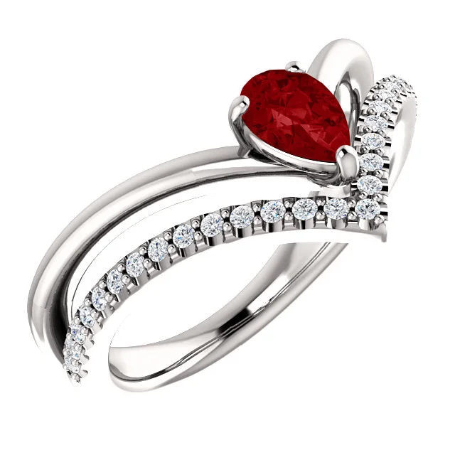 14K White Yellow or Rose Gold Lab Created Ruby Pear & 1/6 CTW Diamond Double V Ring