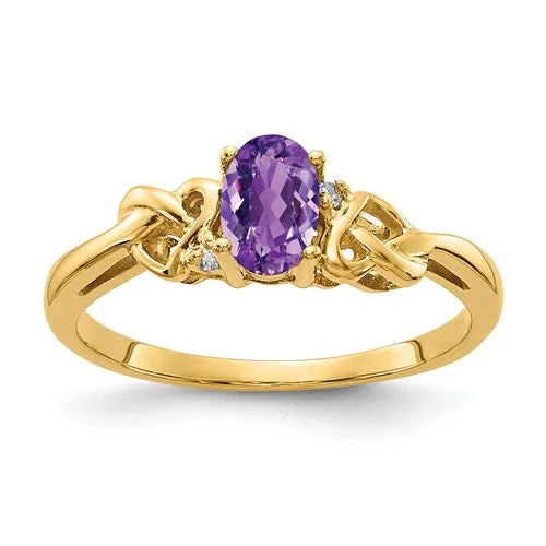 14k Yellow Gold 6x4mm Oval Amethyst and AA Diamond Heart Knot Side Ring